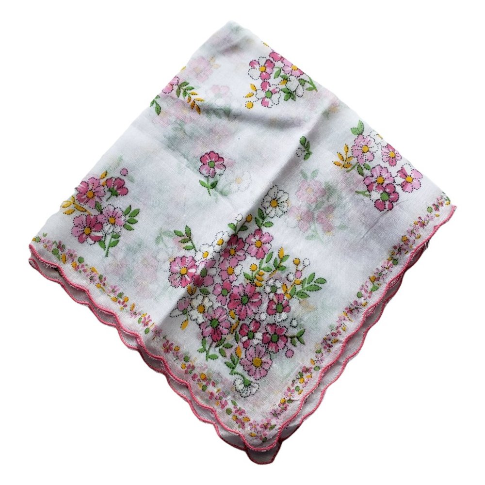 Vintage Ladies Handkerchief /Hankies Pink Scalloped Flower Bunches - Picture 5 of 5